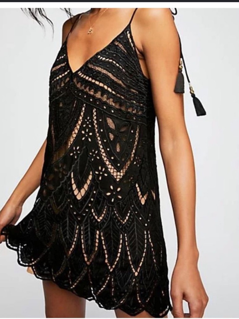 Free people PYT mini v neck cutout Neck Lace Mini Party Dress - Black and cream